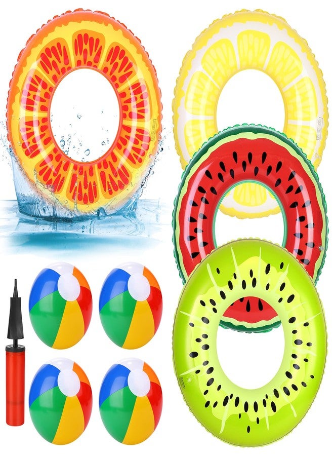 Elcoho 9 Pcs Beach Pool Party Favors, 4 Inflatable Pool Floats, 29.5" Fruits Swim Tubes Rings and 4 Pcs 9" Inflatable Beach Ball with Pump for Summer Beach Water Float Party, Swimming, Water Games - Image 1