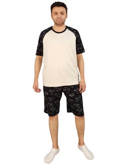Jet Men Summer Pajama Set Plan Top &Printed Short-Black*Beige  - Image 1