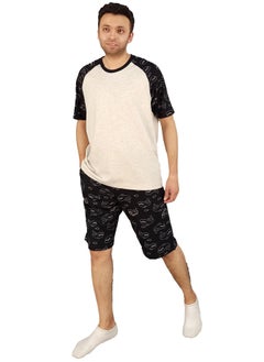 Jet Men Summer Pajama Set Plan Top &Printed Short-Black*Beige  - Image 2
