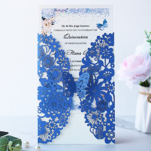 Hosmsua 5.12 x 7.3 Inch 20PCS Royal Blue Quinceanera Invitation Kit Laser Cut Lace Flora Butterfly Invitation Pocket with Envelope Invitation for Bridal Shower Quinceañera (Royal Blue Glitter) - Image 3