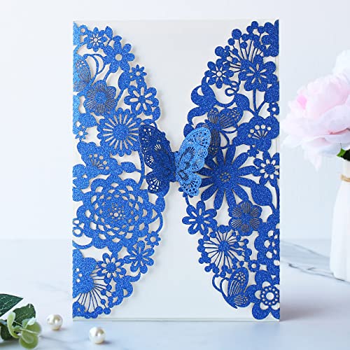 Hosmsua 5.12 x 7.3 Inch 20PCS Royal Blue Quinceanera Invitation Kit Laser Cut Lace Flora Butterfly Invitation Pocket with Envelope Invitation for Bridal Shower Quinceañera (Royal Blue Glitter) - Image 2