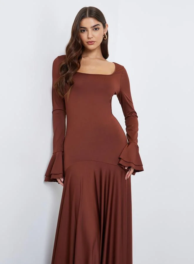 Styli Styli Brown Ruffled Hem Bodycon Maxi Dress