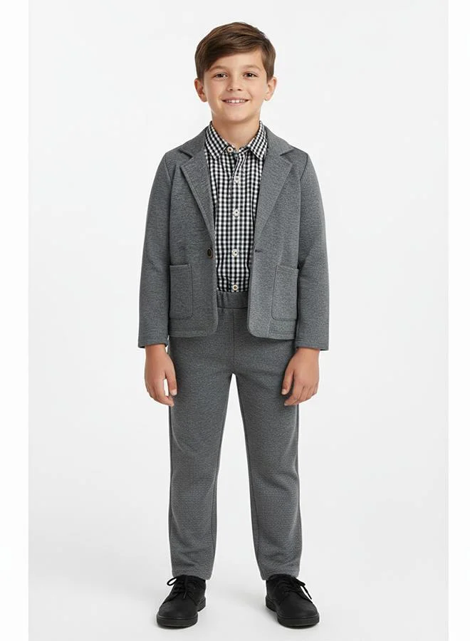 babyqlo Gingham Shirt With Grey Blazer Pants Set