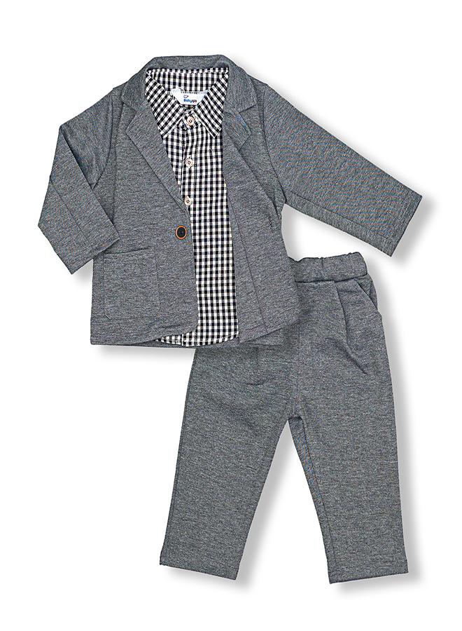 babyqlo Gingham Shirt With Grey Blazer Pants Set - Image 3