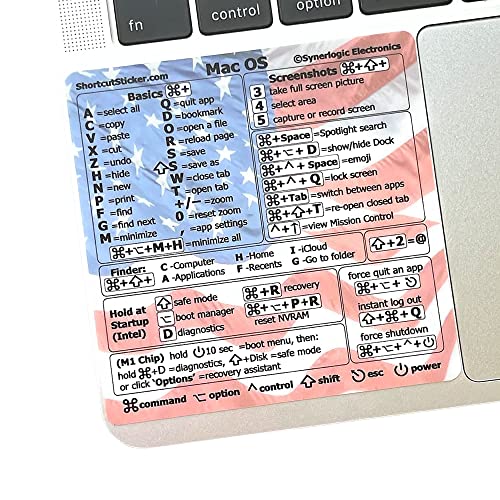 Synerlogic Mac OS Shortcuts Sticker | Keyboard Stickers for macOS | No-Residue Laminated Vinyl MacBook Cheatsheet for Laptop | MacBook Shortcuts 2025 (US Flag) - Image 1