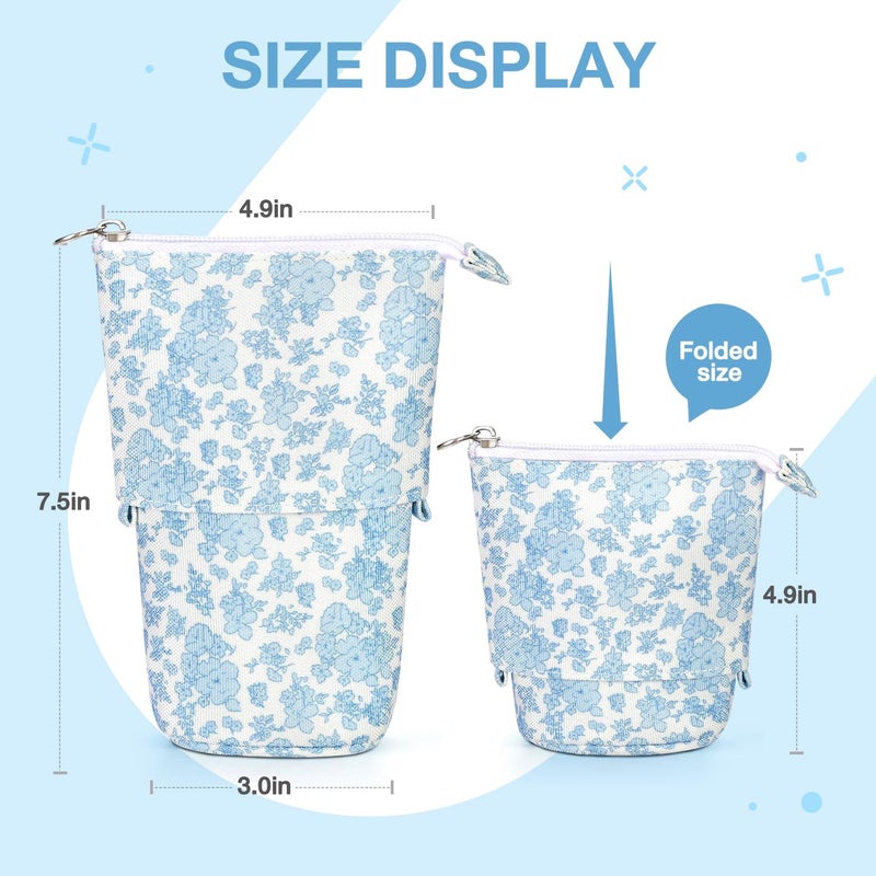 KPX Milktea Cute Standing Pencil Case for Kids, Pop Up Pencil Box Makeup Pouch, Stand UP Bubble Tea Pen Holder Organizer Cosmetics Bag, Kawaii Stationary, Blue Flowers, Blue Flowers - Image 2