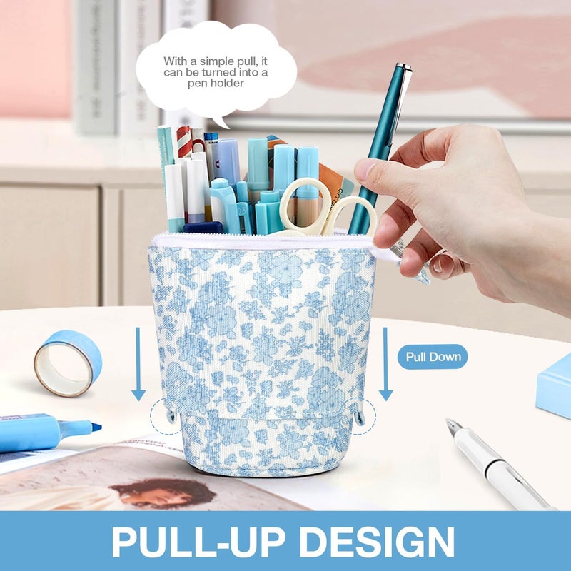 KPX Milktea Cute Standing Pencil Case for Kids, Pop Up Pencil Box Makeup Pouch, Stand UP Bubble Tea Pen Holder Organizer Cosmetics Bag, Kawaii Stationary, Blue Flowers, Blue Flowers - Image 4
