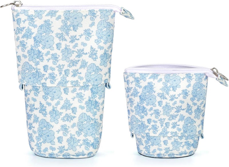 KPX Milktea Cute Standing Pencil Case for Kids, Pop Up Pencil Box Makeup Pouch, Stand UP Bubble Tea Pen Holder Organizer Cosmetics Bag, Kawaii Stationary, Blue Flowers, Blue Flowers - Image 1
