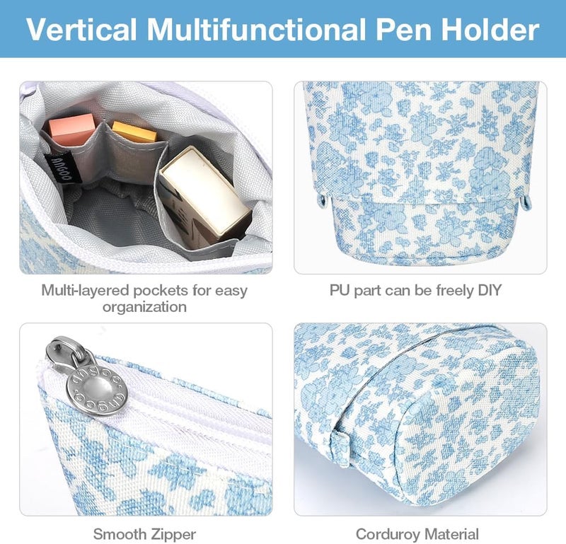 KPX Milktea Cute Standing Pencil Case for Kids, Pop Up Pencil Box Makeup Pouch, Stand UP Bubble Tea Pen Holder Organizer Cosmetics Bag, Kawaii Stationary, Blue Flowers, Blue Flowers - Image 3