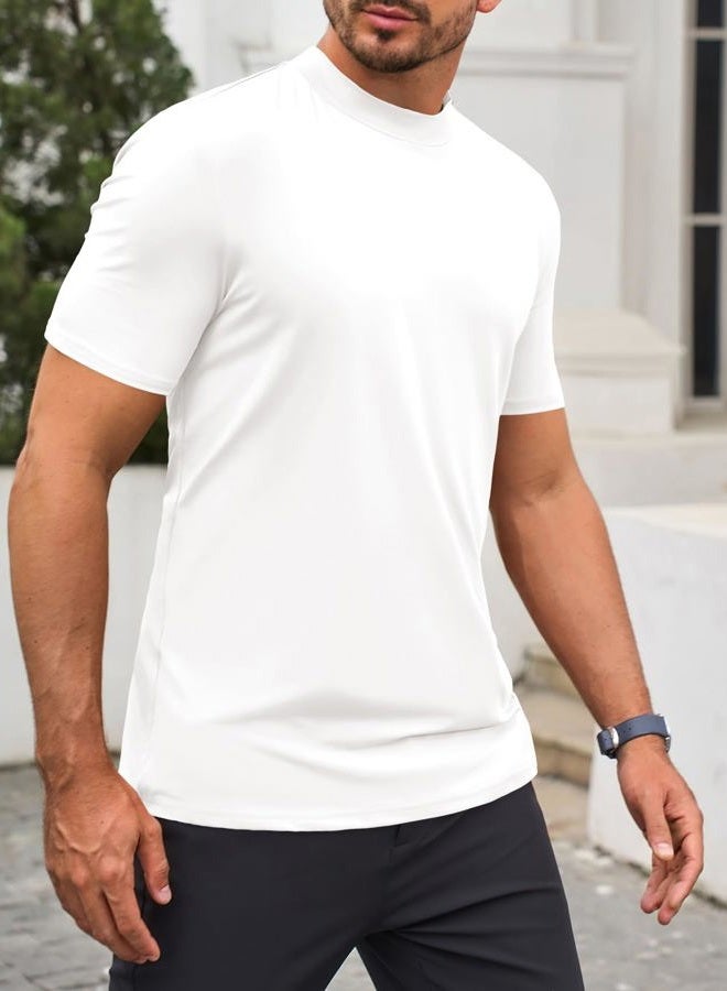 Makkrom Mens Mock Turtleneck T-Shirts Summer Short Sleeve Basic Tees Casual Solid Pullover Tops, White, XL - Image 3