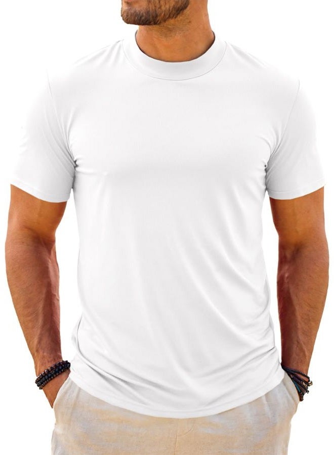 Makkrom Mens Mock Turtleneck T-Shirts Summer Short Sleeve Basic Tees Casual Solid Pullover Tops, White, XL - Image 1