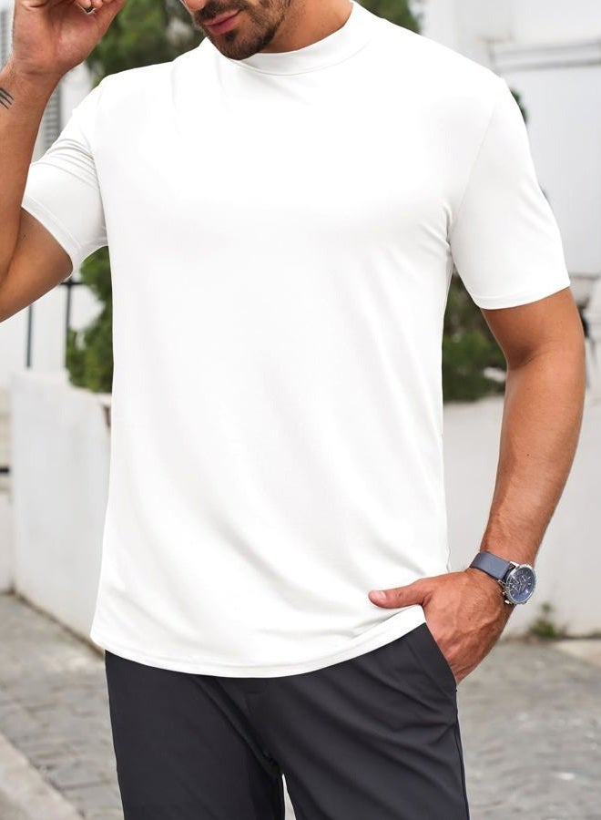 Makkrom Mens Mock Turtleneck T-Shirts Summer Short Sleeve Basic Tees Casual Solid Pullover Tops, White, XL - Image 2