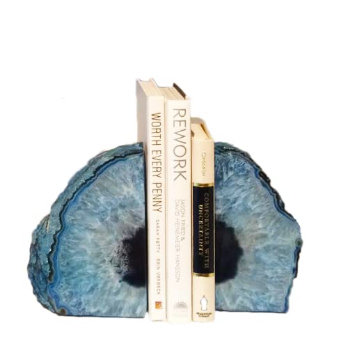 JIC Gem Agate Bookends Dyed Blue Book Ends for Heavy Books Geode Bookends for Bookshelf Decor Cute Stone Bookends with Rubber Bumpers for Office Décor and Home Decoration(1 Pair,6 to 8 Lbs) - Image 1