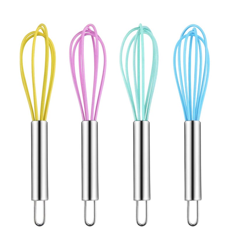Newbested 4 Pack Colorful Mini Silicone Kitchen Whisks with Stainless Steel Handles for Milk Egg Blending Stirring Whisking and Beating4 Colors6 Inches