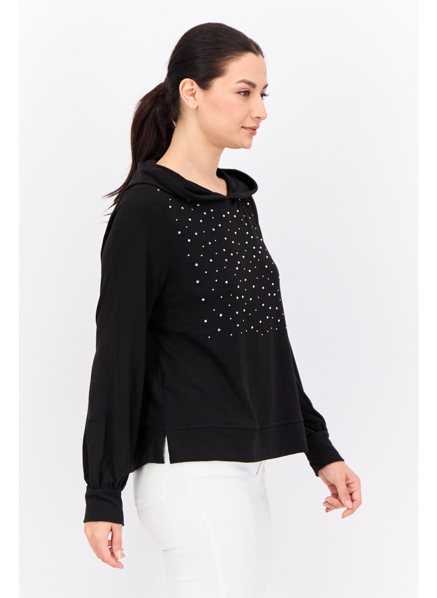 Love Scarlett - Women Hooded Long Sleeve Rhinestone Sweatshirt, Black - Image 1