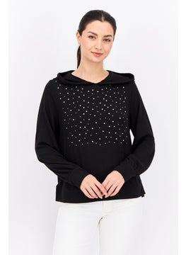 Women Hooded Long Sleeve Rhinestone Sweatshirt, Black
