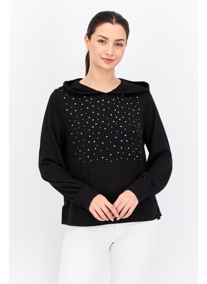 Love Scarlett - Women Hooded Long Sleeve Rhinestone Sweatshirt, Black - Image 1
