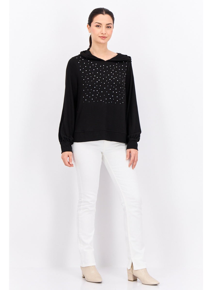 Love Scarlett - Women Hooded Long Sleeve Rhinestone Sweatshirt, Black - Image 1
