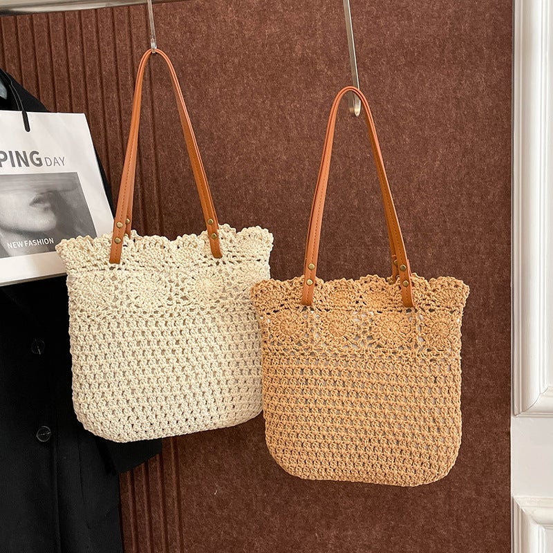 Hollow Handmade Woven Bag Women'S 2025 Spring And Shoulder Tote Bag Portable Women'S Bag Straw Woven Bag - Image 2
