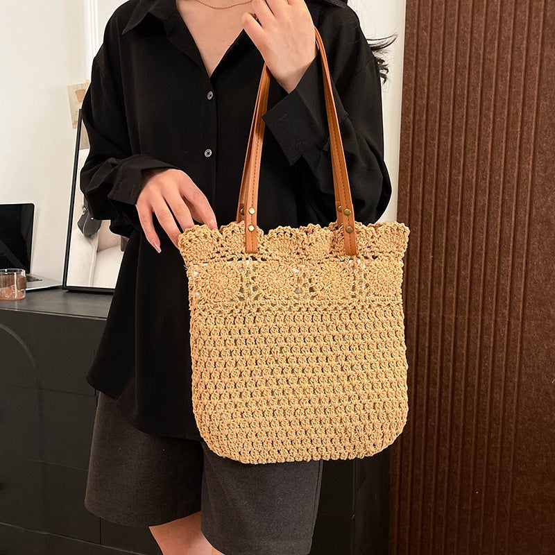 Hollow Handmade Woven Bag Women'S 2025 Spring And Shoulder Tote Bag Portable Women'S Bag Straw Woven Bag - Image 4