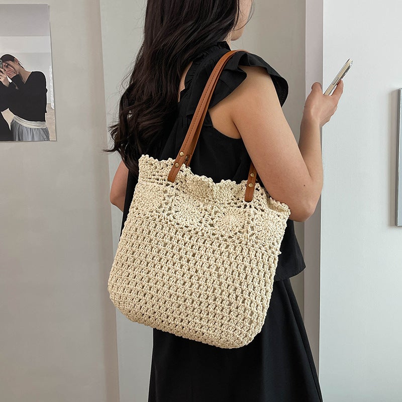 Hollow Handmade Woven Bag Women'S 2025 Spring And Shoulder Tote Bag Portable Women'S Bag Straw Woven Bag - Image 3