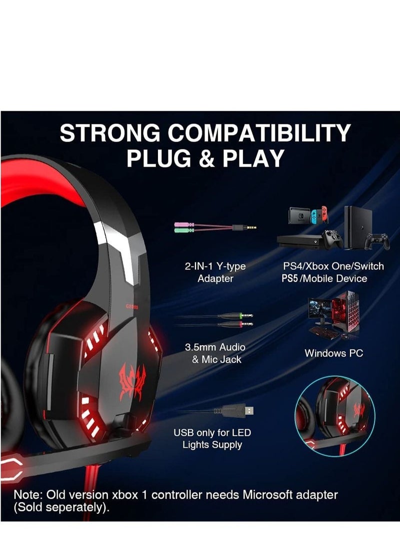 Generic - G2000 Gaming Headset, Surround Stereo Gaming Headphones with Noise Cancelling Mic, LED Light & Soft Memory Earmuffs, Works with Xbox One, PS4, Nintendo Switch, PC Mac Computer Games - Red - Image 1