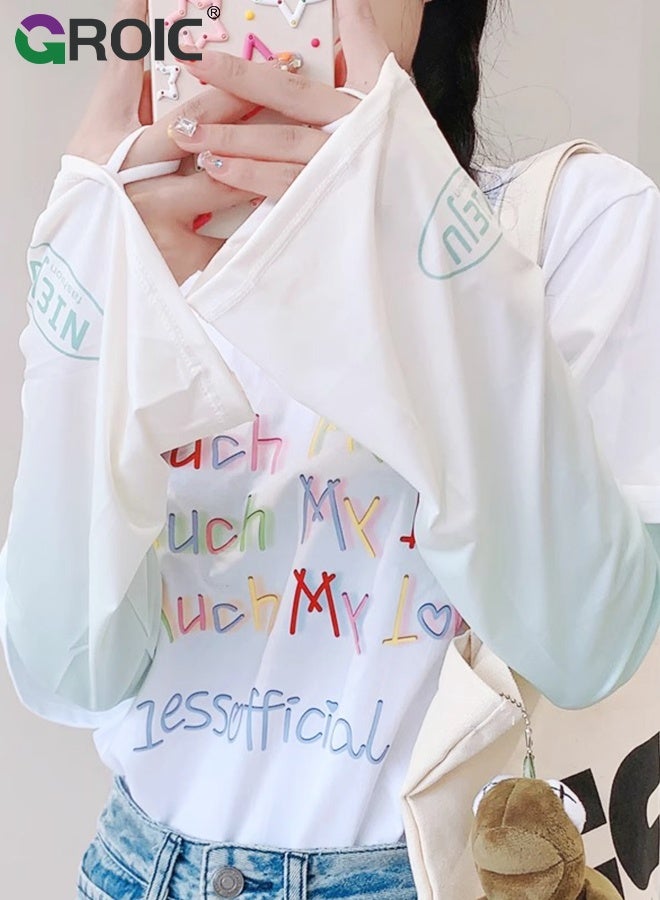 GROIC 2 Pairs Gradient Wide Arm Ice Sleeves, Women's Summer Sun Protection Arm Sleeves, Large Size Ice Sleeve Gloves Gradient Color Anti-sunburn Loose Arm Sleeves for Driving, Travel & Outdoor - Image 2