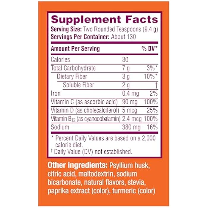 Metamucil Fizzy Fiber Supplement + Metabolism, Plant Based Psyllium Fiber Powder with B12 for Metabolism of Fats and Proteins, Daily Supplement for Regularity, Citrus Flavored Sugar-Free, 130 Serving - Image 2