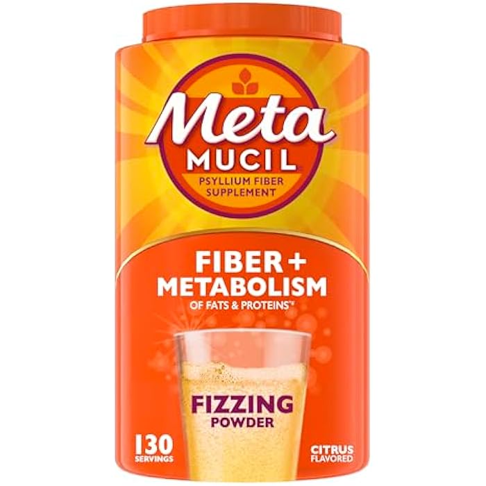 Metamucil Fizzy Fiber Supplement + Metabolism, Plant Based Psyllium Fiber Powder with B12 for Metabolism of Fats and Proteins, Daily Supplement for Regularity, Citrus Flavored Sugar-Free, 130 Serving - Image 1