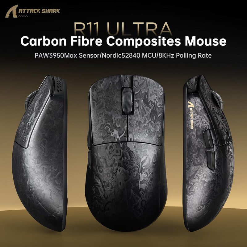 MAMBASNAKE x ATTACK SHARK R11ULTRA Carbon Fiber Wireless Gaming Mouse, 8000Hz, 49g SUPERLIGHT, 42000DPI, PAW3950MAX Sensor, Nordic 52840 Chip, Nano-Metal Ice Coating, 20000 FPS, BT/2.4G/USB-C Mice - Image 5