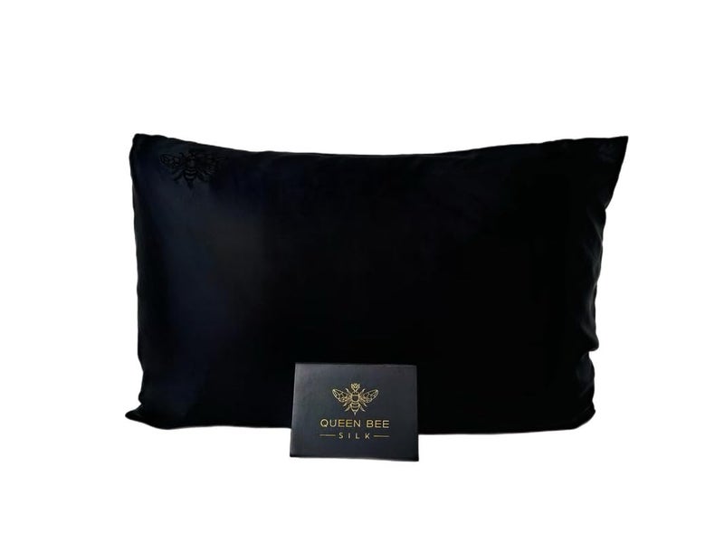 QUEEN BEE SILK  Silk Pillowcase for Hair and Skin  22 Momme Mulberry Silk  Charmeuse Weave  Envelope Closure  Standard Size  Black