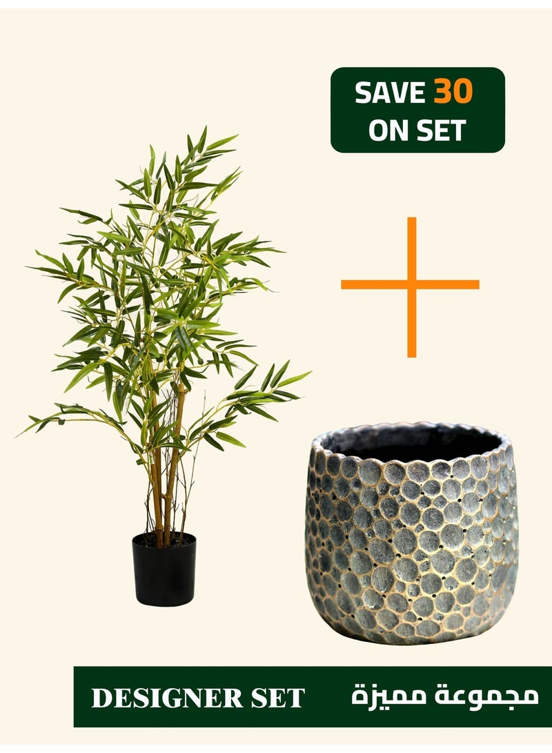 High-Quality Artificial Bamboo Tree (90cm) with Bubble-Textured Cement Planter (24×21cm) – Refined Tabletop Set for Everyday Spaces - Image 1