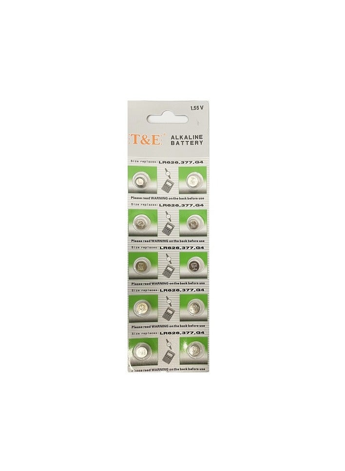 TE AG4 Alkaline Button Cell Batteries, 377A, CX66, LR626W, 1.5V, 10 Pcs Pack, for Watches, Calculators, Small Electronics 