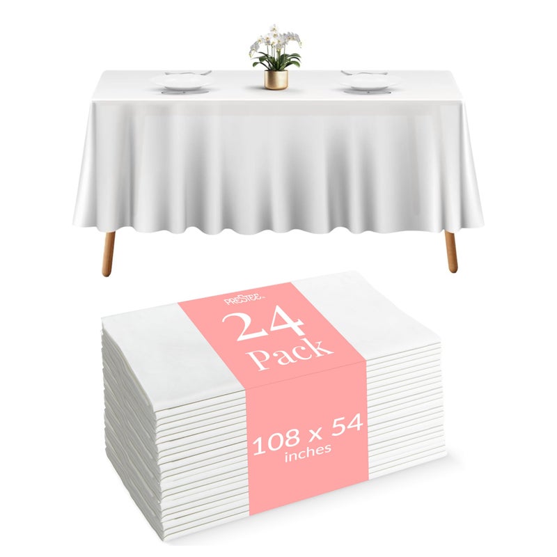 Prestee 24 Plastic Table Cloth Disposable  108 x 54 White Tablecloth Rectangle  Plastic Table Cover for Parties BBQs Weddings Outdoor Gatherings and Fine Dining Events