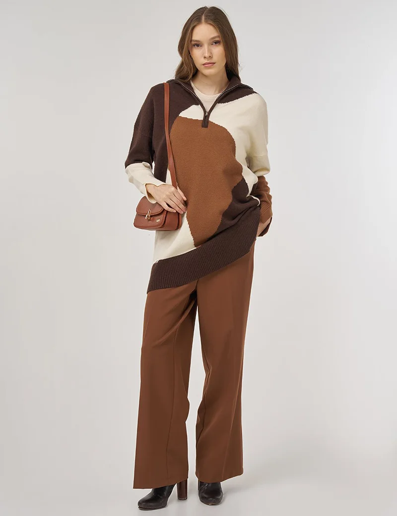 Kayra Color Block Knit Tunic in Dark Brown