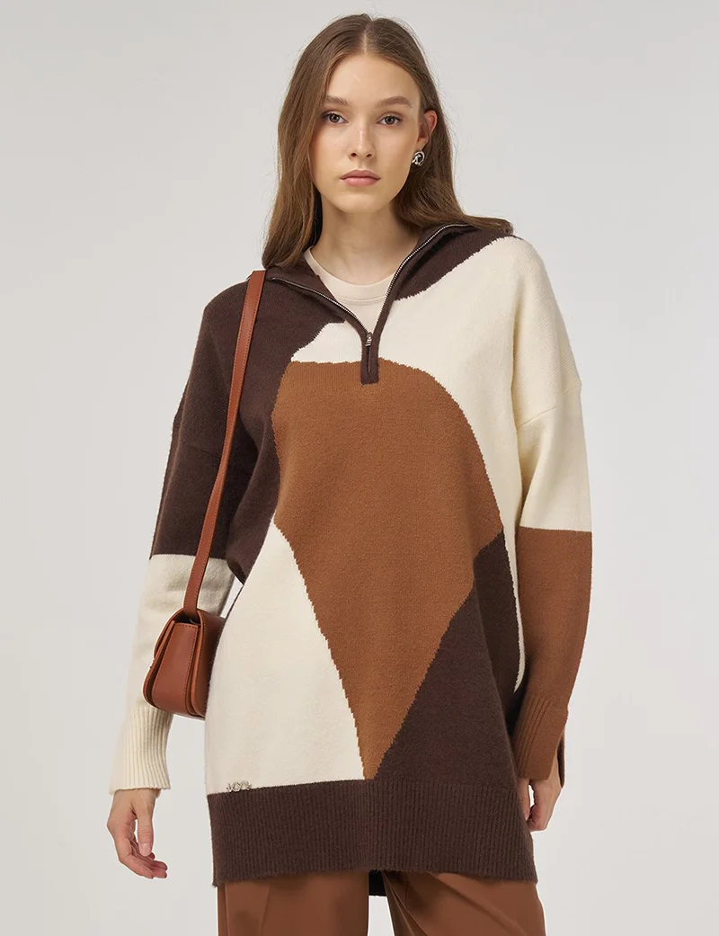 Kayra Color Block Knit Tunic in Dark Brown