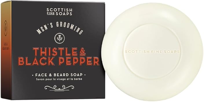 Scottish Fine Soaps Mens Grooming Thistle Black Pepper Face Beard Soap 100g Purifying Milk Thistle Soap Bar with Jojoba Oil for Skin and Beard - Image 1