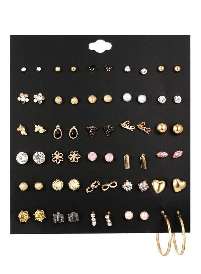 30 Pairs Assorted Stainless Steel Stud Earrings Hypoallergenic Flatback Earrings for Teens Girls Women-Pearls diamonds flowers unicorns hearts earrings - Image 1