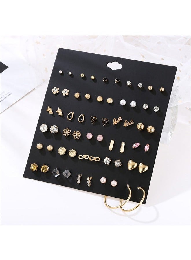30 Pairs Assorted Stainless Steel Stud Earrings Hypoallergenic Flatback Earrings for Teens Girls Women-Pearls diamonds flowers unicorns hearts earrings - Image 3