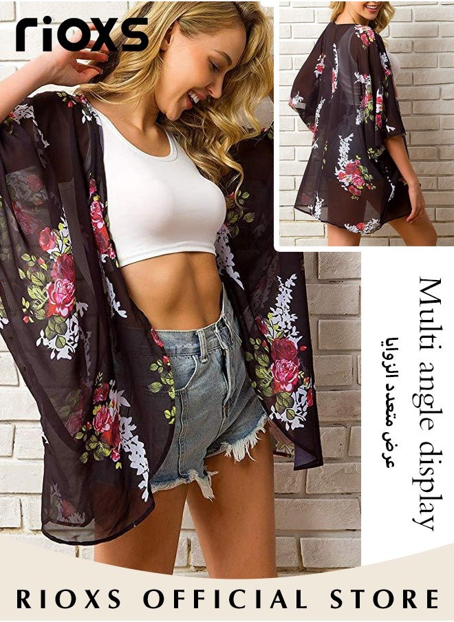 RIOXS - Women's Casual Floral Print Beach Cover Ups Short Sleeve Kimono Cardigan Loose Beach Swimsuit Dress - Image 1