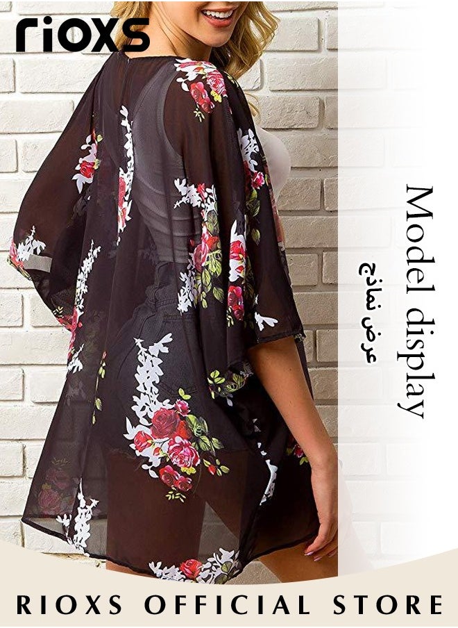 RIOXS - Women's Casual Floral Print Beach Cover Ups Short Sleeve Kimono Cardigan Loose Beach Swimsuit Dress - Image 1
