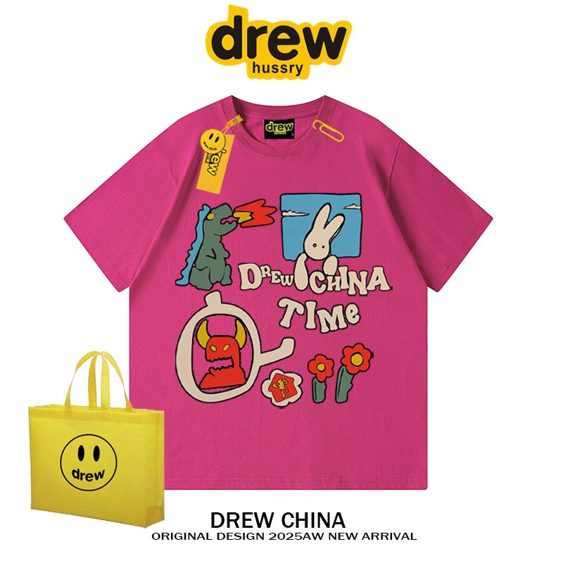 Drew American fashion brand cartoon graffiti print short-sleeved T-shirt men's and women's hip-hop loose bf casual couple half-sleeved INS - Image 1