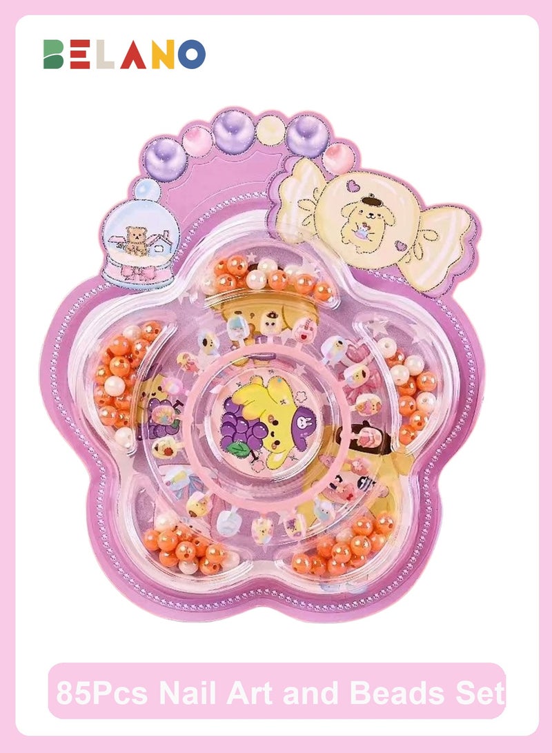 BELANO 85Pcs Kids Nails and DIY Jewelry Making Kit, Girls Press On Nails for Kids with Self Adhesive Backing,  Beads for Bracelets Craft Set - Image 1