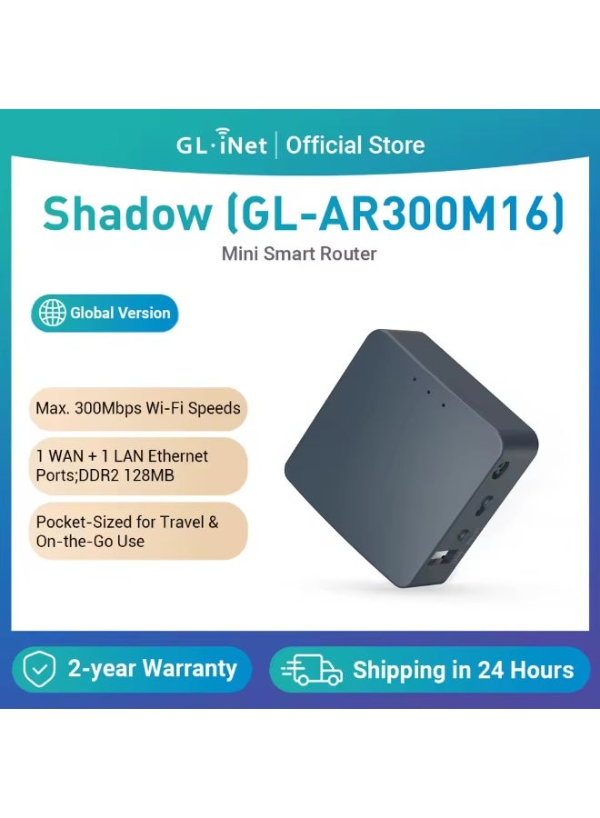 GL.iNet GL-AR300M16 (Shadow) Portable Mini Travel Wireless Pocket Router – WiFi Router/Access Point/Extender/WDS | OpenWrt | 2 x Ethernet Ports | OpenVPN/Wireguard VPN | USB 2.0 Port