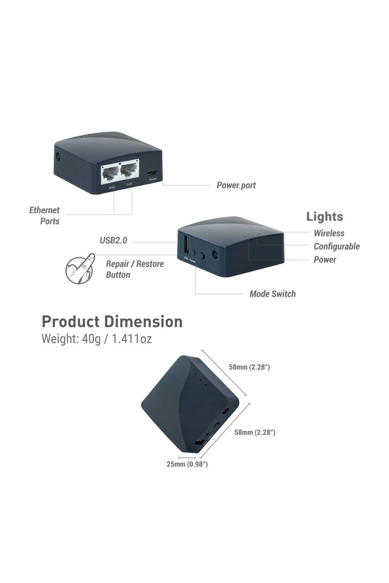جي أل.آي نت جي ال اي نت GL-AR300M16 (شادو) جهاز توجيه لاسلكي محمول صغير للسفر – راوتر WiFi / نقطة وصول / ممدد نطاق / WDS | نظام OpenWrt | منفذا إيثرنت | دعم OpenVPN/Wireguard VPN | منفذ USB 2.0 - Image 4