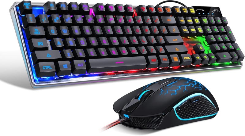 مايجغي مجموعة لوحة مفاتيح وفأرة للألعاب، لوحة مفاتيح K1 مضيئة بالأضواء الLED RGB مع كابل، مع 104 أزرار للكمبيوتر أو الجهاز اللوحي (لون أسود) - Image 1