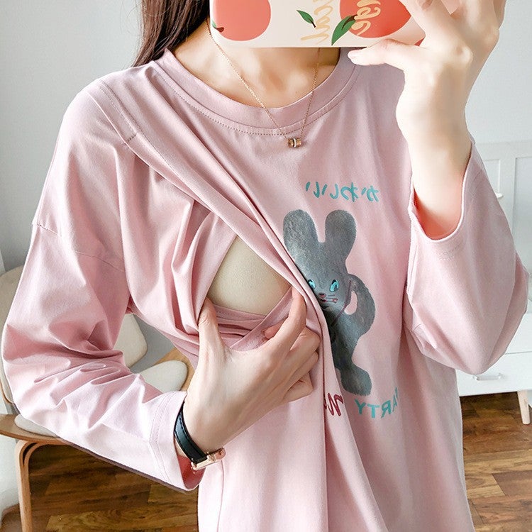 Postpartum Nursing Top Thin Long Sleeve Tee for New Moms Pink# gray rabbit 