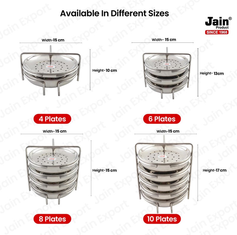 JAIN Stainless Steel 2in1 Thatte Idly Stand | Dhokla Holder & Idiappam Stand - 6 Plates Thatte Idli Plate with Stand & Momos Steamer Stand (3 Thattu Idly Plates, 3 Idiappam Plates, 1 Stand) - Image 4