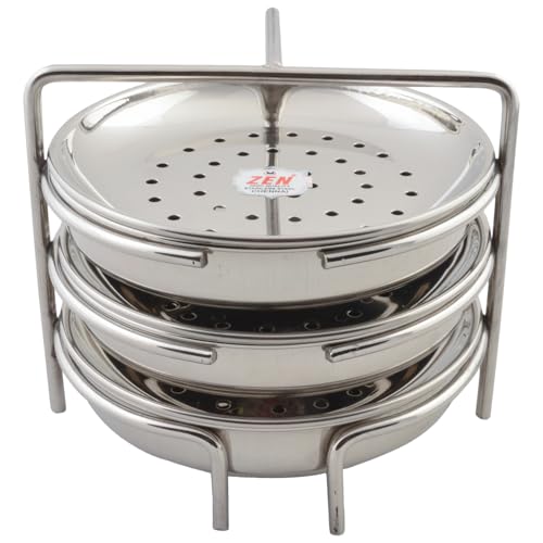 JAIN Stainless Steel 2in1 Thatte Idly Stand | Dhokla Holder & Idiappam Stand - 6 Plates Thatte Idli Plate with Stand & Momos Steamer Stand (3 Thattu Idly Plates, 3 Idiappam Plates, 1 Stand) - Image 1