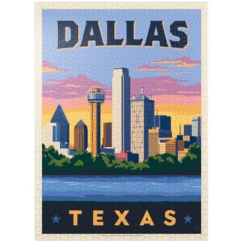 MyPuzzle.com MyPuzzle Dallas Texas Downtown River View Vintage Poster Premium 1000 Piece Jigsaw Puzzle for Adults - Image 1